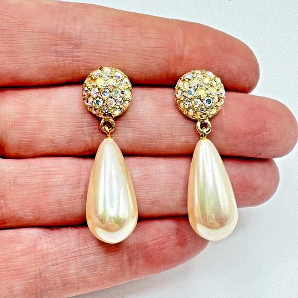 Roman Jewelry - Vintage Faux Teardrop Pearl AB Rhinestone Dangle Earrings Gold Tone Retro 1.5"